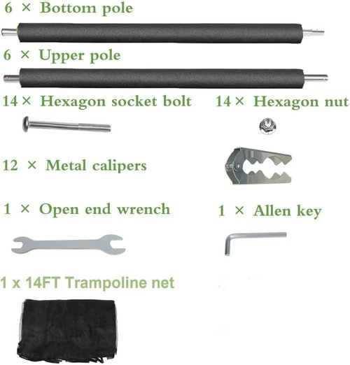 14FT Trampoline Net and Replacemen Poles, with Clamp and Hardware, Enclosure Pole Connecters, Screws and Bolts, Poles Caps Fits Most Trampoline