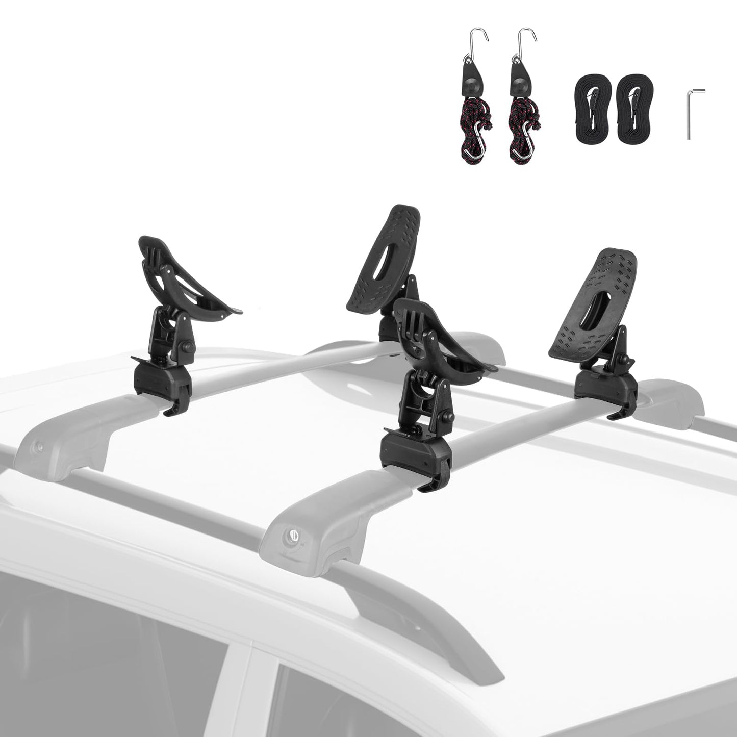 JOYTUTUS Kayak Roof Rack Saddles, Crab Roof Mounting Kit Fits Most Car SUV Truck Cross Bars, Carrier Kayak Paddle Board Surfboard with Tie Down Straps Ratchet Strap,150LBS Load Capacity 2 Pairs