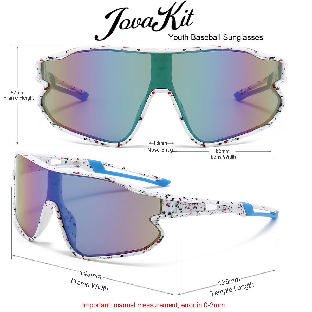 JOVAKIT Kids Baseball Sunglasses for Boys Girls Age 6-16, Youth Baseball Sun Glasses UV400 Sports Cycling Shades (White/Purple Mirror)