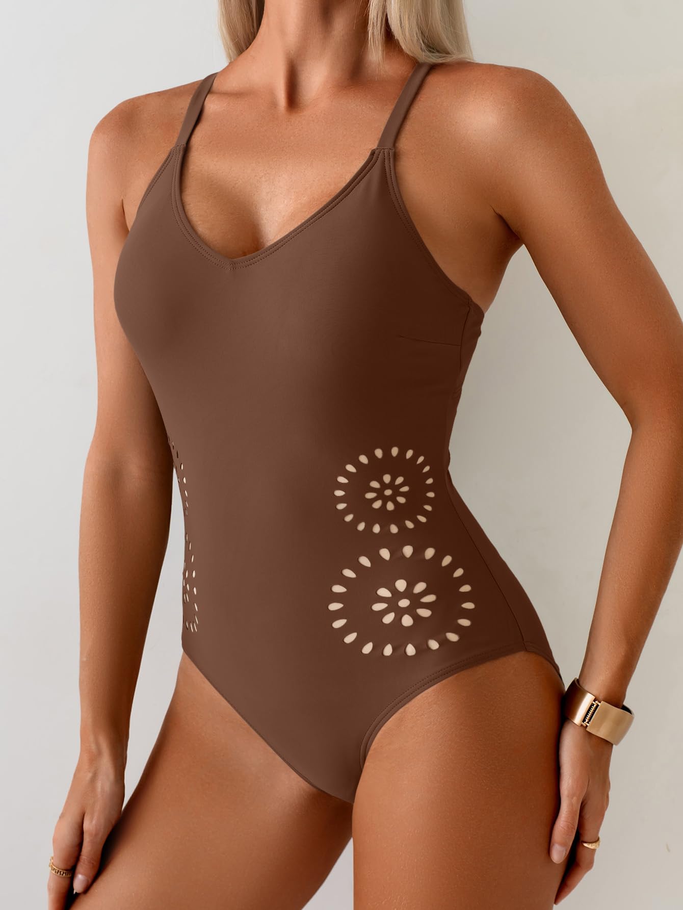 Aidonger Women's One Piece Swimsuit Tummy Control V Neck Bathing Suit Slimming Cutout Tie Knot Swimwear Coffee