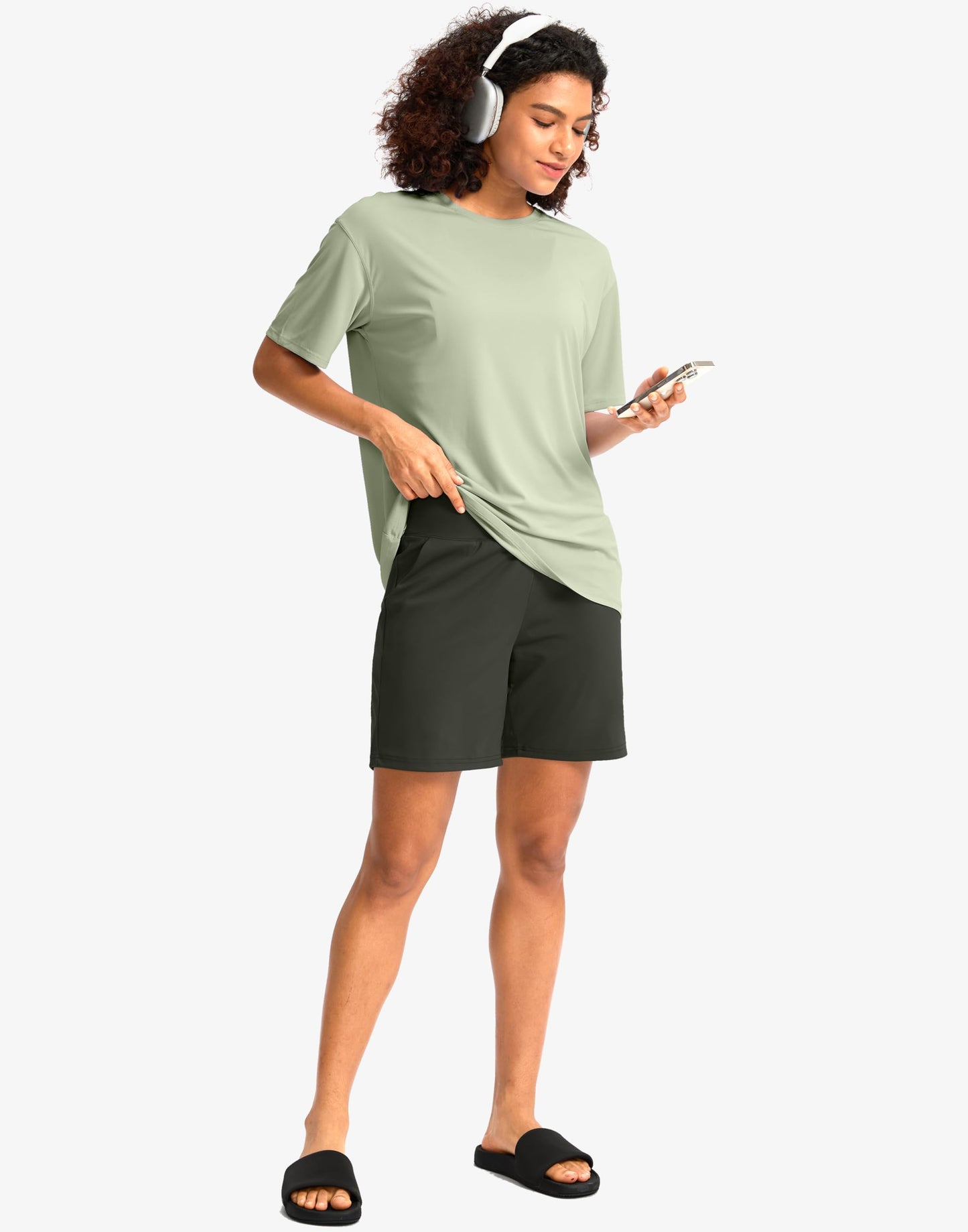 G Gradual Women's Bermuda Long Shorts with Pockets 7" High Waisted Knee Length Shorts for Women Walking Athletic Workout(Olive-L7,S)