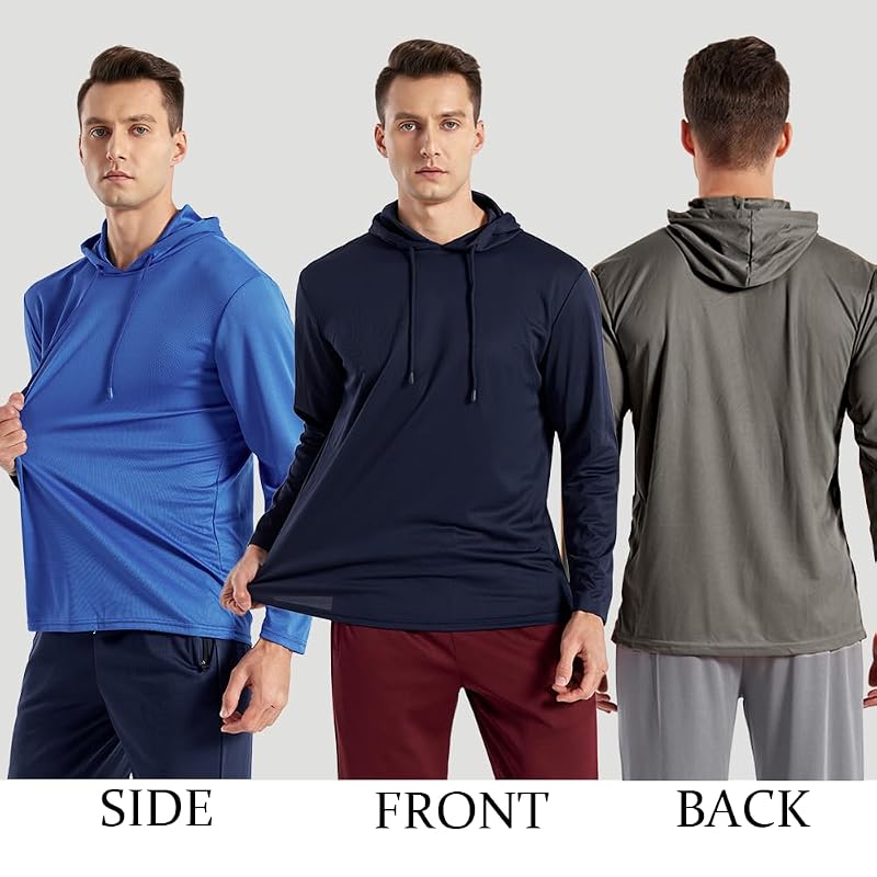 UPF 50+ Men’s Sun Protection Hoodie - Long Sleeve with Face Mask (Gray/Navy/Blue, Medium)
