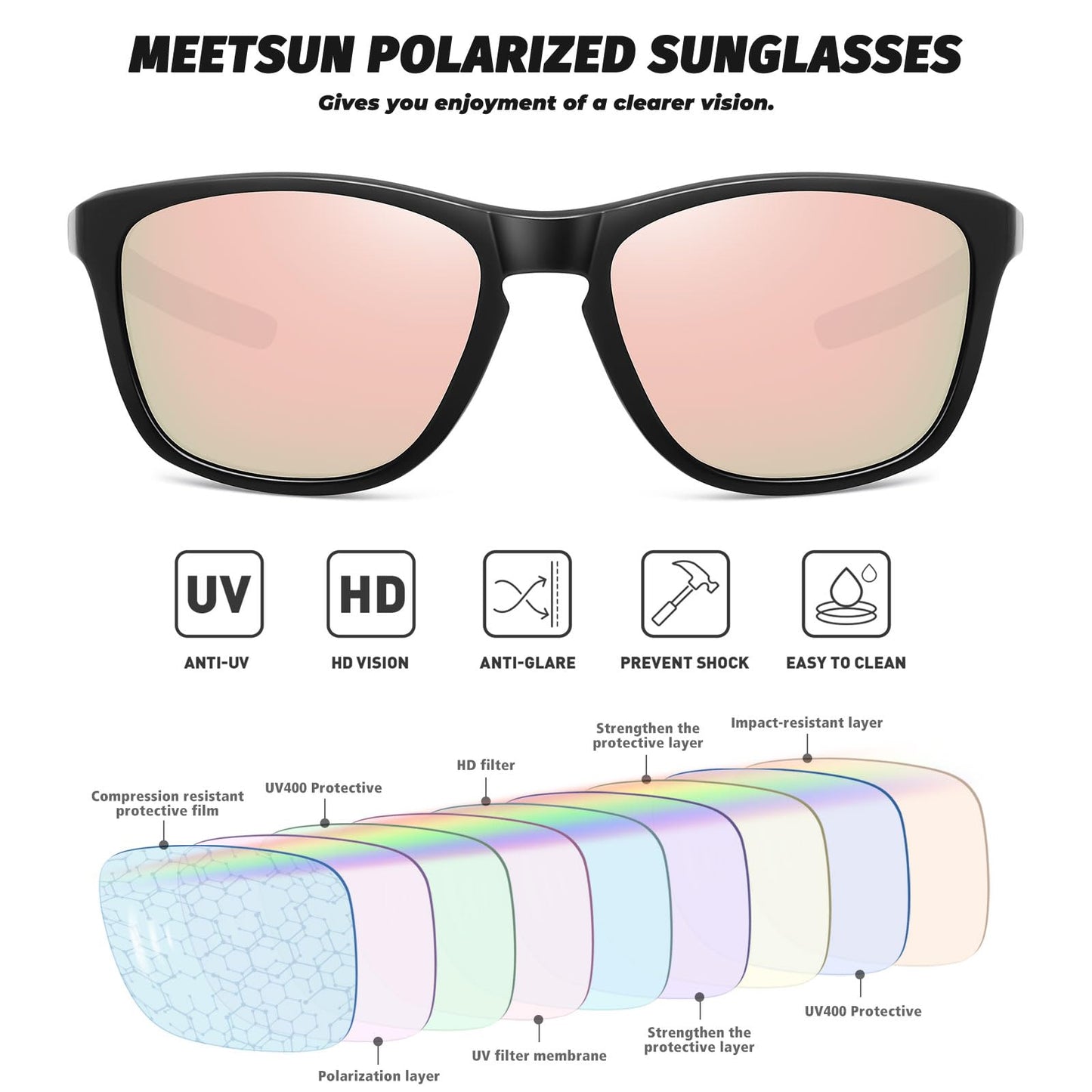 MEETSUN Polarized Sports Sunglasses for Women Men Driving Running Cycling Fishing Sun Glasses UV400 Protection Black Frame-Pink Mirror Lens