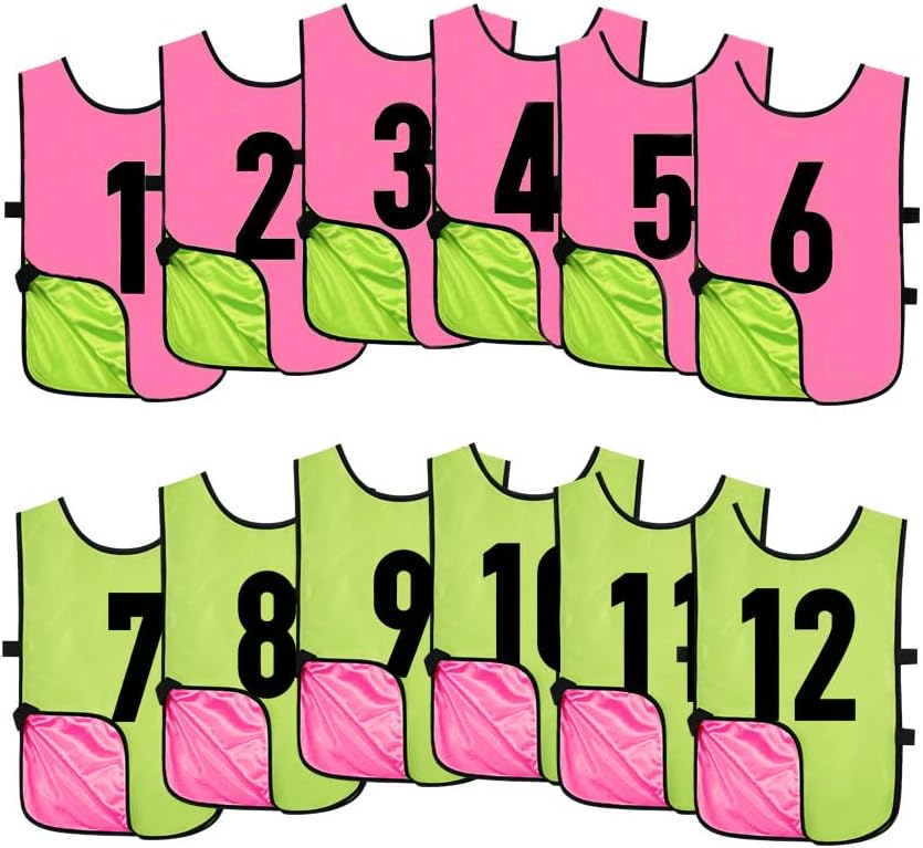 12 Pack Reversible Numbered Pinnies, Double Sided Scrimmage Vest,Team Practice Jerseys for Kids and Adult
