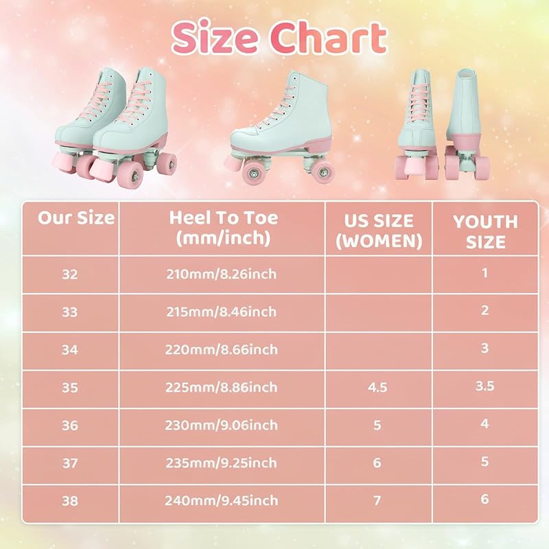 XUDREZ Light Green PU Roller Skates for Girls & Women, Pink Light-Up Wheels, Age 6-12, 37-US