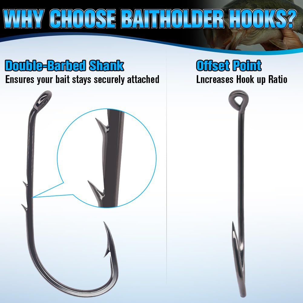 Baitholder Fishing Hooks 100 Pack - Double-Barbed Long Shank for Bluegill Bass Trout Walleye Black/Red, 8/0-#8 (2-Black, Size:8 100-Pack)