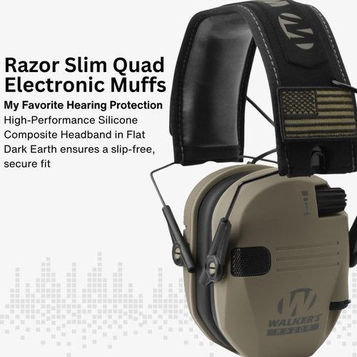 Walker's Razor Slim Electronic Muff (FDE Patriot Version, 2-Pack) Bundle with 22-Channel Walkie-Talkie Attachment (2-Pack), Shooting Glasses (2-Pack) and Cleaning Cloth (2-Pack) (8 Items)