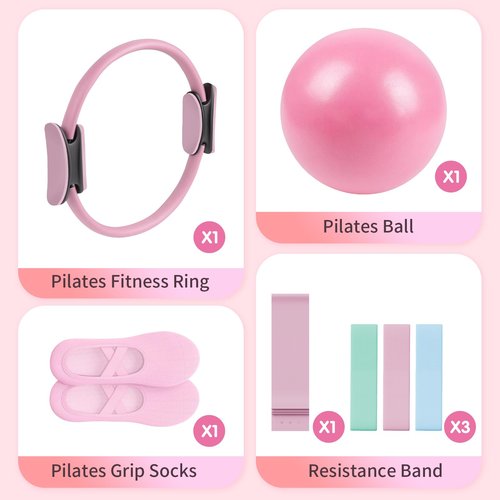 Pilates Essential Kit - Portable Fitness Equipment - with Toning Pilates Ring & Long Resistance Bands & Pilates Loop Bands & Soft Pilates Ball & Pilates Grip Socks (Yellow)