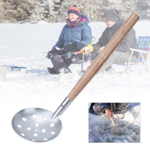 CFTGIW 2PCS Silver Wooden Handle Iron Winter Ice Fishing Skimmer Toothed Scoo Small Size and Lightweight Easy to Carry and Stor P Angler Tackle Accessory Ice Fishing Scoop Ice Fishing