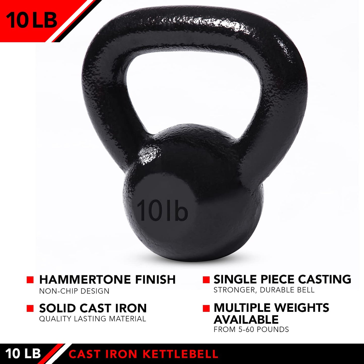 JFIT Cast Iron Kettlebell – Single Weight, Flat Bottom, Polished Handle | Men & Women | CrossFit, Cardio & Strength Training - 10 lbs