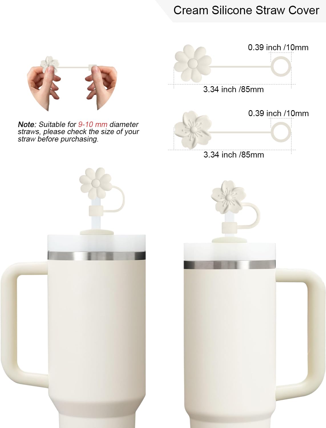AFKLMNE 6-Pack for Stanley Cup Accessories Set 30/40 Oz Tumbler, 2 Straw Cover, 2 Replacement Straws, 1 Straws Cleaner Brush, 1 Boots, SIlicone Cherry Flower Straw Cap Topper (Cream)