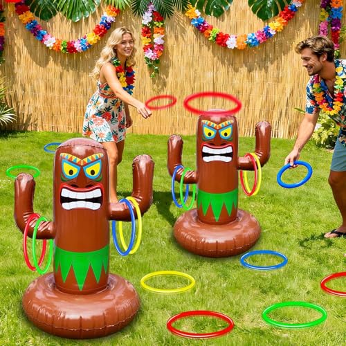 Inflatable Tiki Pool Ring Toss Game - 27 Inch Tropical Summer Party Toy with 4 Rings