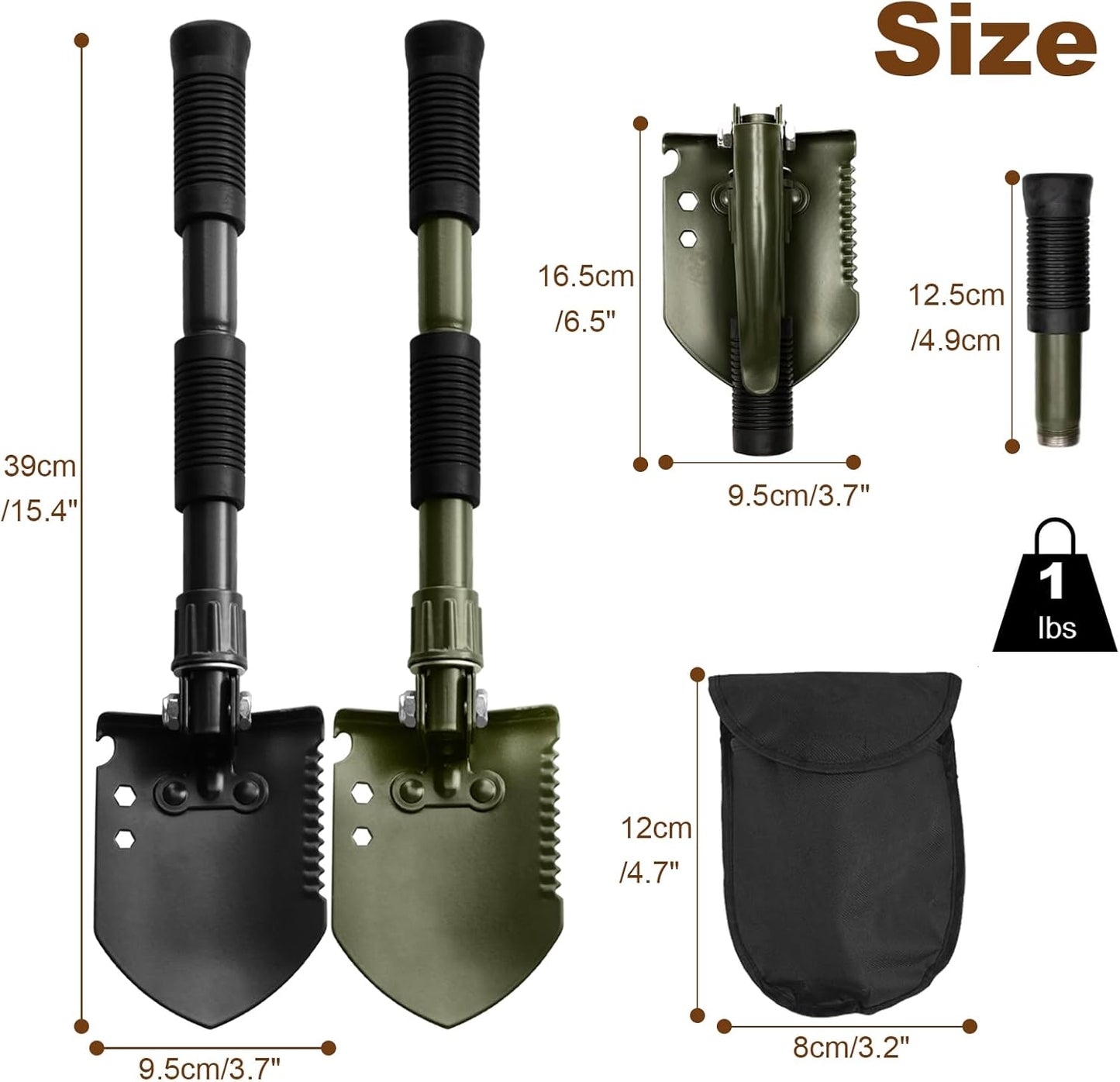 2-Pack Black & Green Folding Camping Shovels, Carbon Steel Multi-Tool Survival Shovel for Outdoor, Emergency, Hiking, Car Off-Road