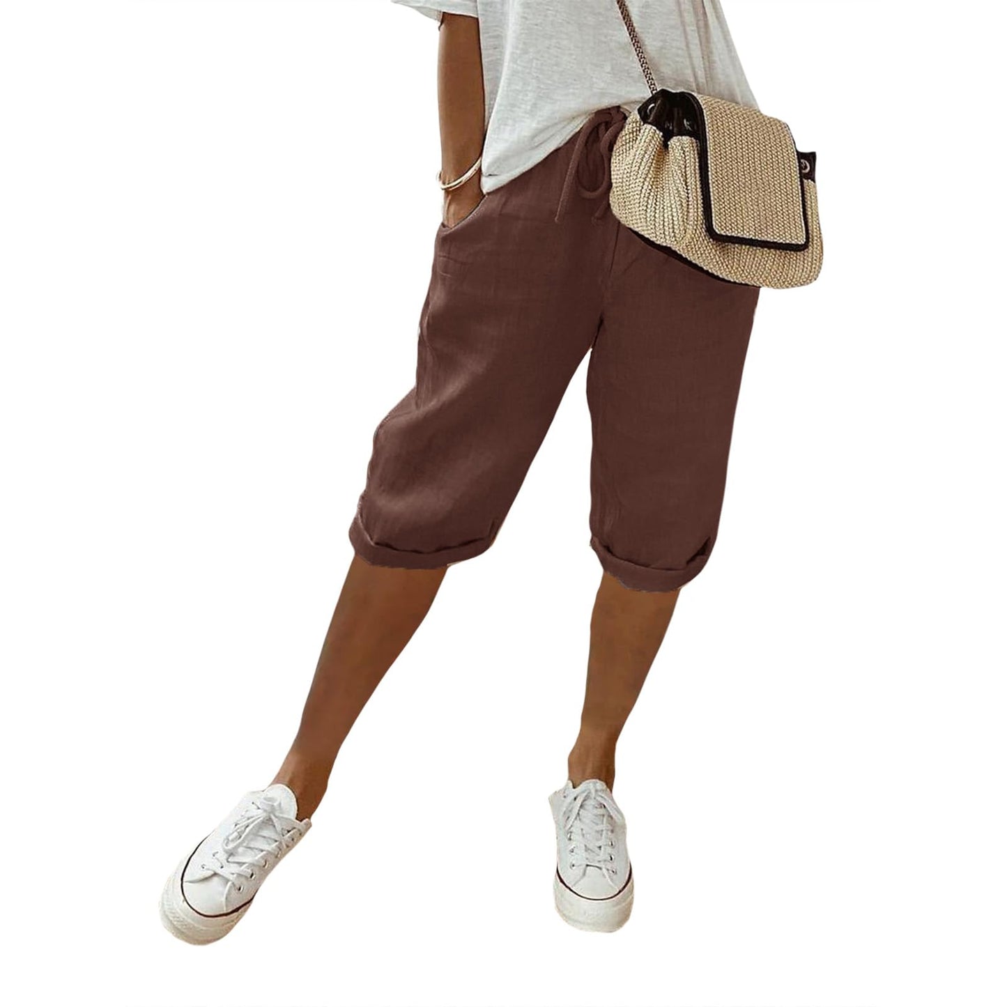 Women's Elastic Waist Knee Length Cotton Bermuda Shorts Drawstring Elastic Waist Linen Blend Short Summer Flowy Breathable Beach Vacation Shorts Brown 2XL