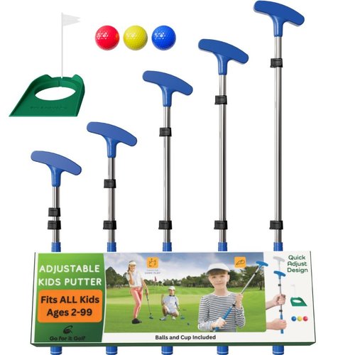 Go For It Golf Kids Putter - Extendable Shaft for Junior Golfers - Adjustable Size for Right and Left Hand - Perfect Training Club for Kids - Includes 3 Balls, Cup with Flag - Blue, 17"-35"