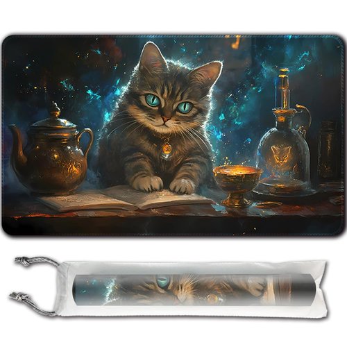 Playmat for MTG (Stitched) Size 24x14 inches, Including Storage playmat Bag - Very Suitable for Amateur Enthusiasts TCG MTG playmat and Card Areas(Researching Cats-No Zone)