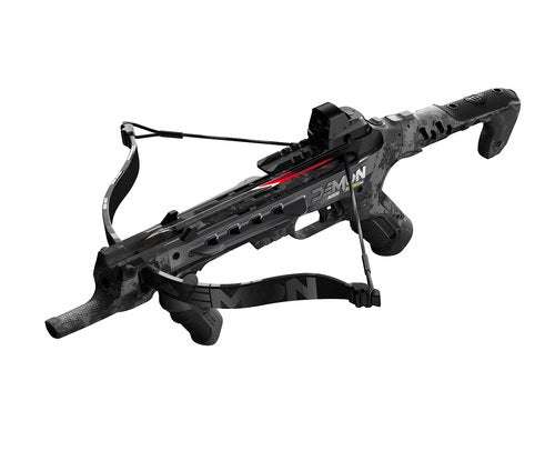 Barnett Demun Accu Strike Pro Mini Crossbow - Two Stage Break Action Cocking Mechanism, Reflex Red/Green Dot Sight, Flip Down Foregrip, 7 inch Bolts (5 Included), 210fps, Black Camo, Retractable Sling
