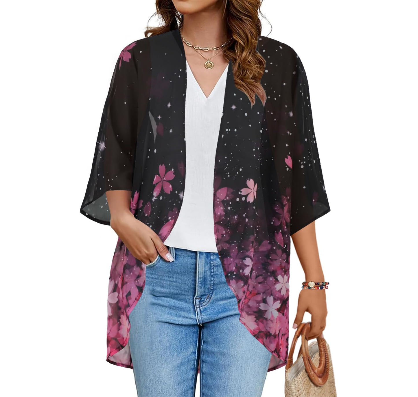 Women's Floral Print Puff Sleeve Kimono Cardigan Loose Cover Up Casual Blouse Tops(Black Pink Purple Floral,M)