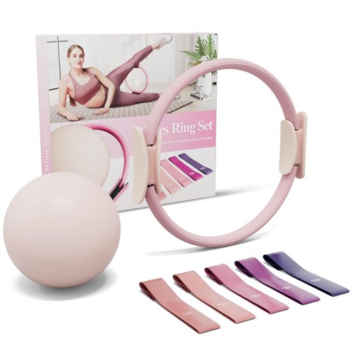 PAETA Pilates Ring Set – 14” Magic Circle with 38 lbs Resistance, Dual Padded Handles, 9.8” Pilates Ball, and 5 Resistance Bands for Home Workouts