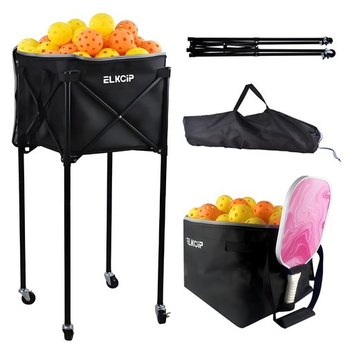 ELKCIP Portable Pickleball & Tennis Ball Hopper with Wheels, Foldable Sports Balls Teaching Cart, Lightweight Softball Caddy, Large Capacity Baseball Basket Carrier for Training
