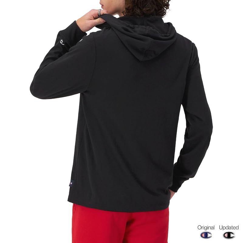 Champion Men’s Long Sleeve T‑Shirt Hoodie - Black with Classic Script Logo