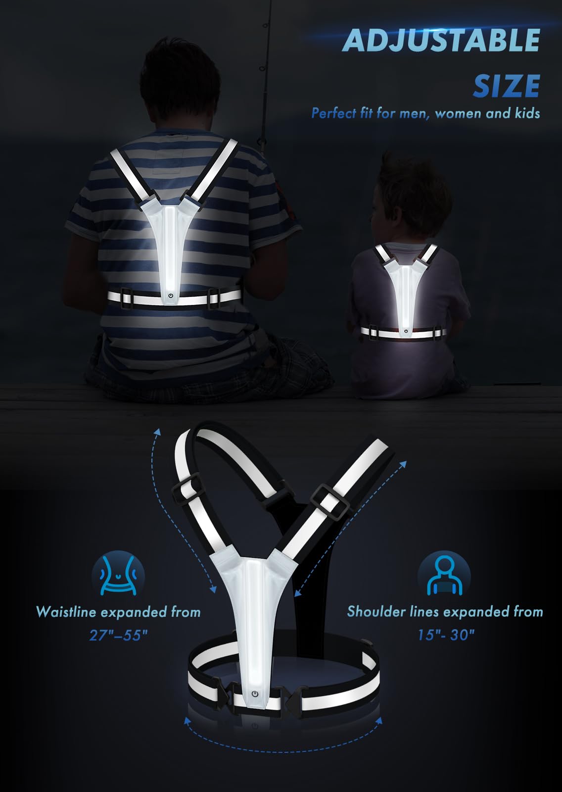 Fokia Kunbio LED Reflective Running Vest Gear,Light Up Vest Runners Night Walking USB Rechargeable,Up to 11hrs Light with Adjustable Waist/Shoulder for Women Men Kids (Black)