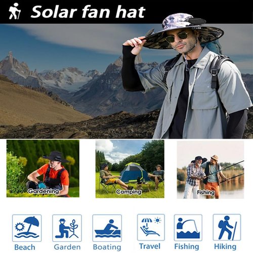 Solar Fan Hat, Wide Brim Sun Hat with 2 Solar Fan Built,Waterproof Outdoor Fishing Hat for Men Women UPF 50+ (US, Alpha, One Size, D)