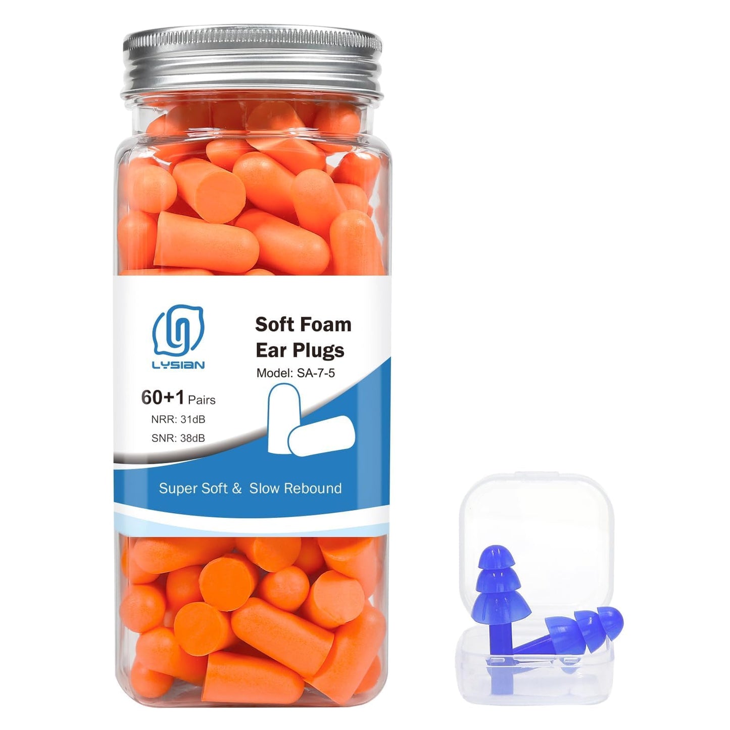 LYSIAN Foam EarPlugs for Sleep, 60 Pairs, 38dB, Orange