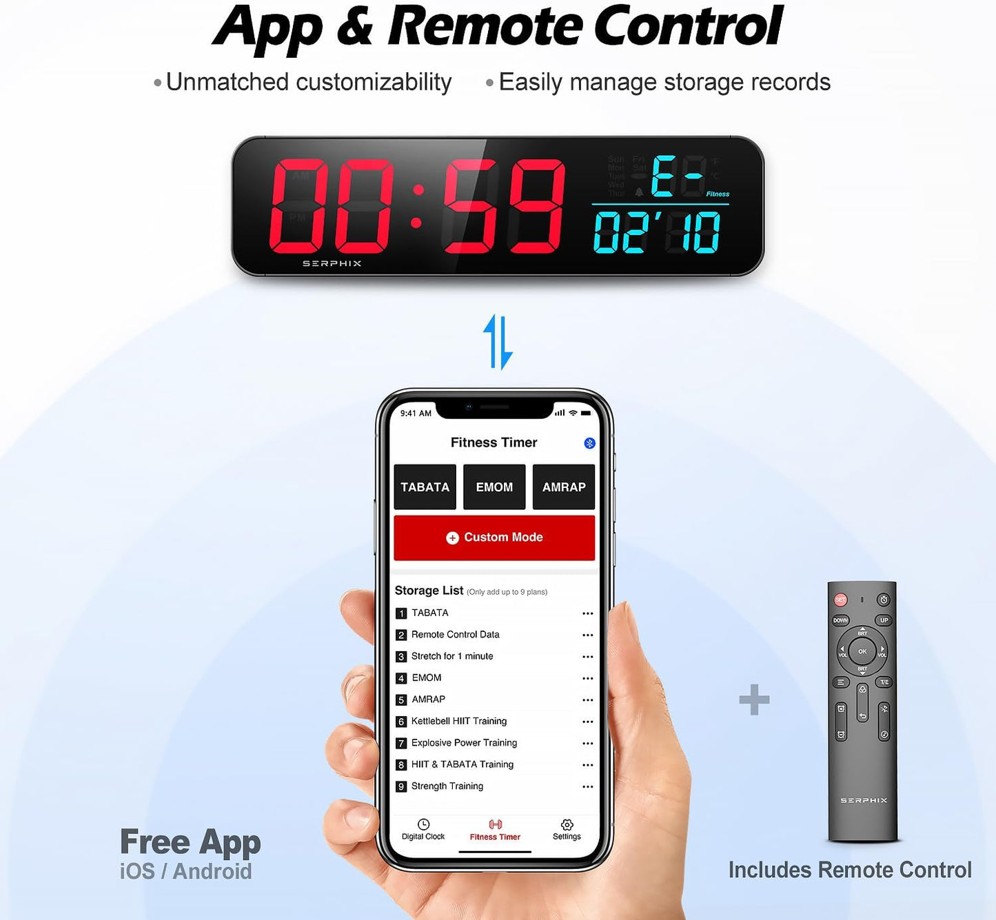 15.2" Gym Timer, App & Remote Control, Customizable LED Colors, Temperature, Date, Workout Interval Timer Stopwatch Countdown Large Digital Wall Clock for Home Gym Garage