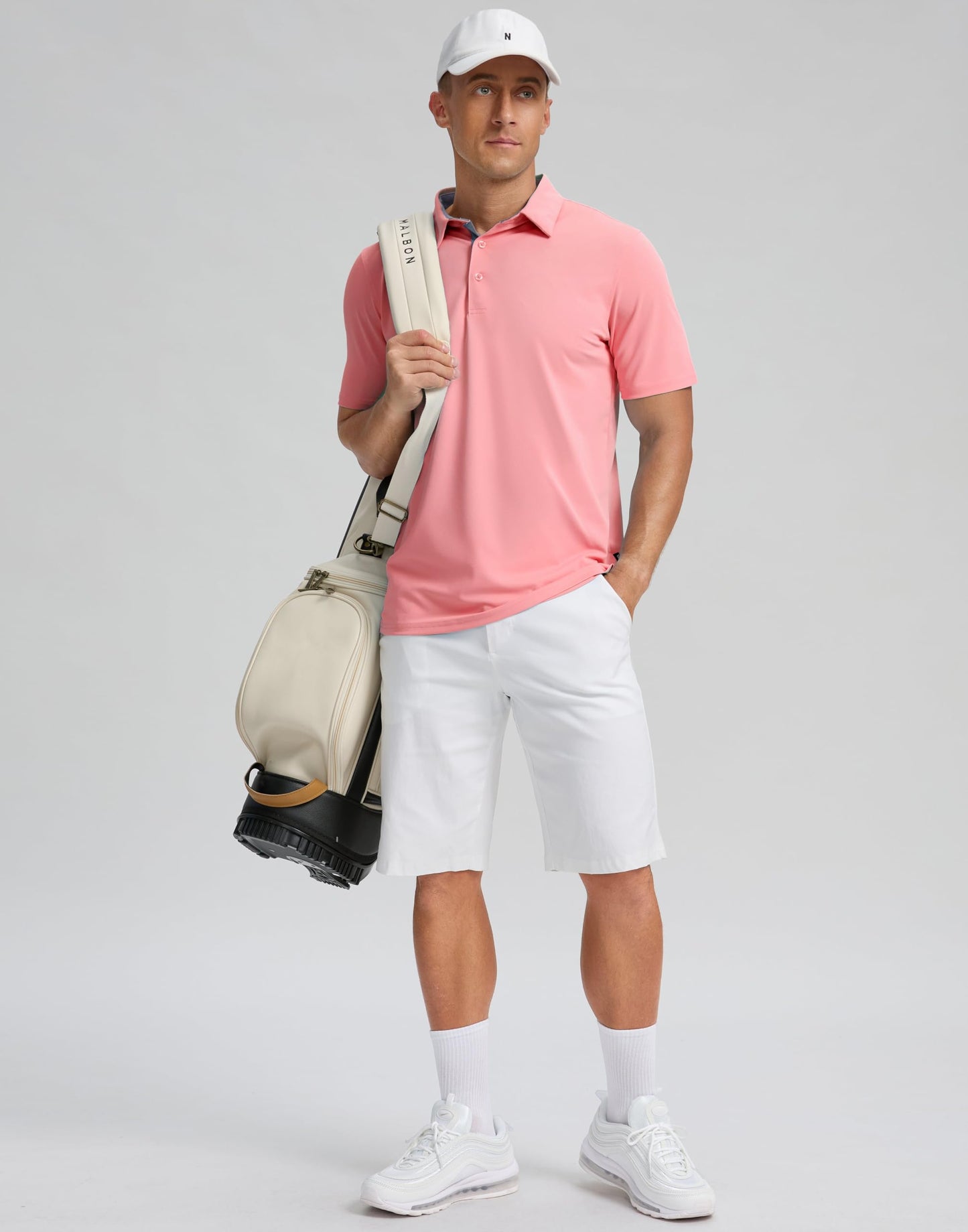 Men's Golf Shirts Dry Fit Moisture Wicking Performance Short Sleeve Collared Polo Shirts for Casual Athletic Business (Pink, L)