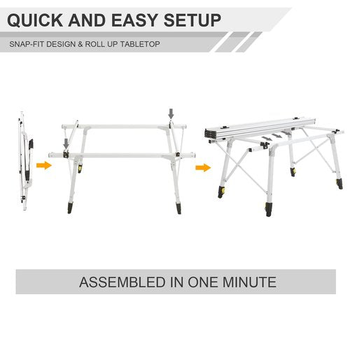 PORTAL Outdoor Folding Portable Picnic Camping Table with Adjustable Height Aluminum Roll Up Table Top Mesh Layer, Silver