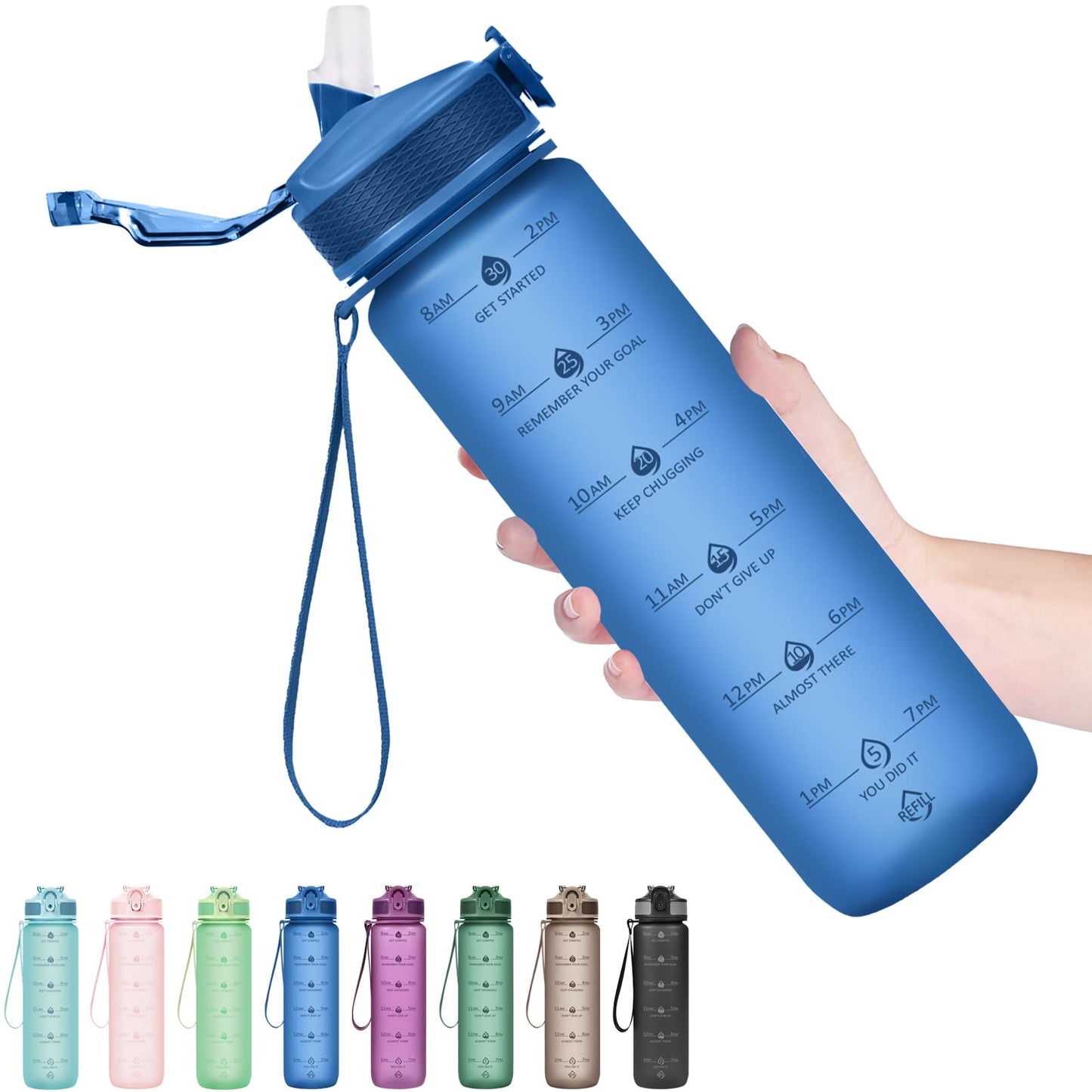 Hyeta Plastic Water Bottle With Straw & Time Marker, 32oz Leakproof Jug