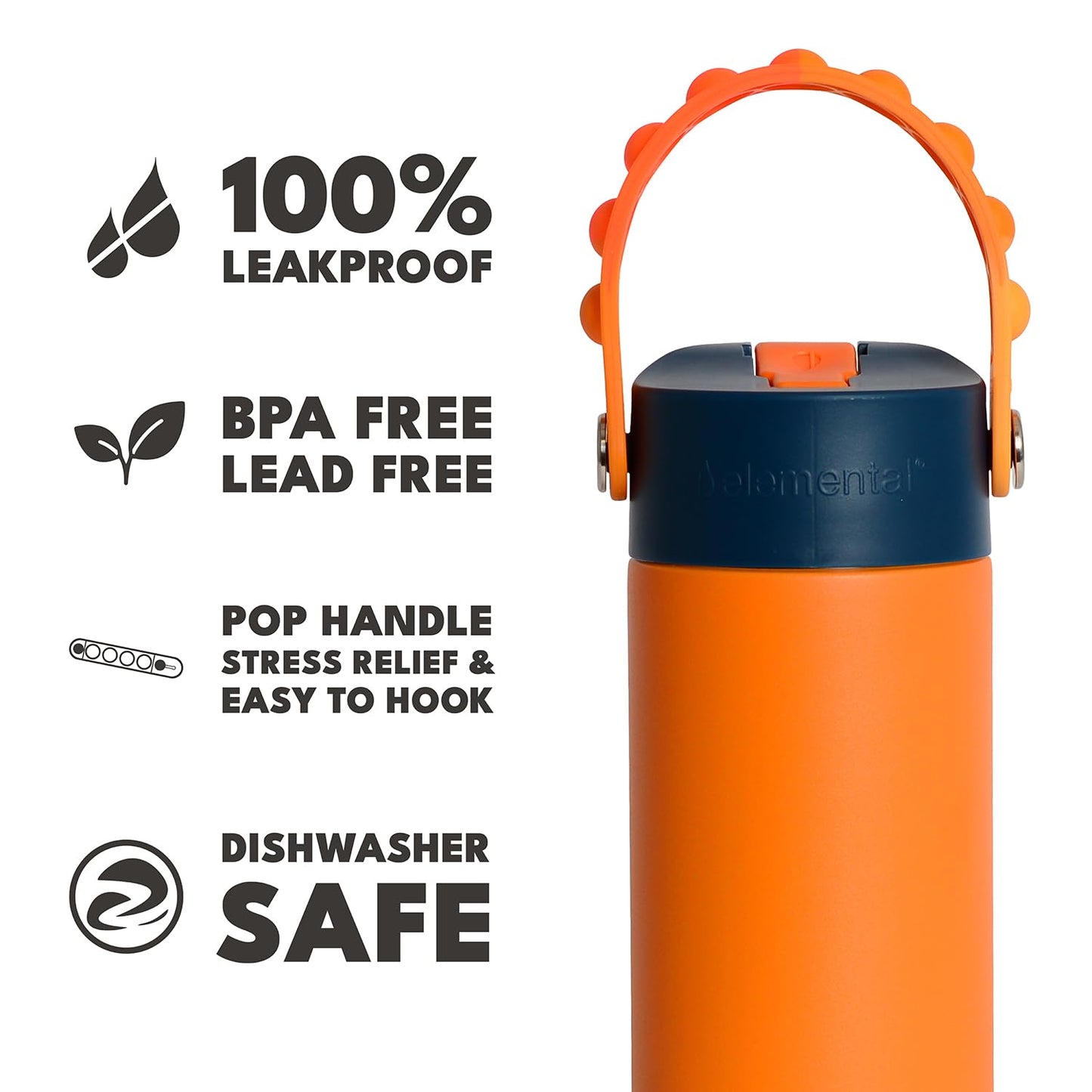 Elemental Insulated Kids Water Bottle, Stainless Steel Water Bottle with Straw Lid & Pop-It Handle, Leak-Proof Water Bottles for School, Boys or Girls, Travelling and Sports, 18oz - Orange Tie Dye