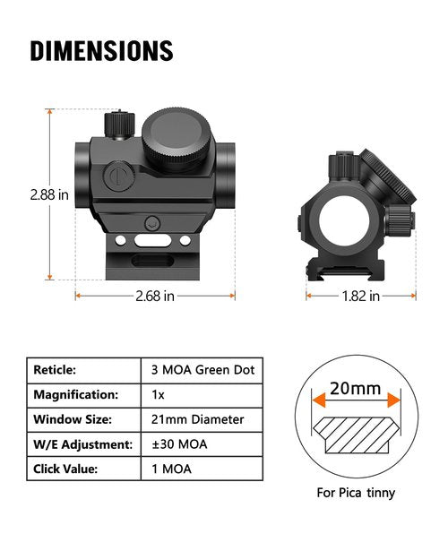 MidTen Rechargeable Green Dot Sight with Motion Awake 3 MOA Dot Compact Scope, 1x21mm Optics with Lower 1/3 Co-Witness Riser & Low-Profile for 20mm Pica tinny Mount, IPX7 Waterproof & Fogproof