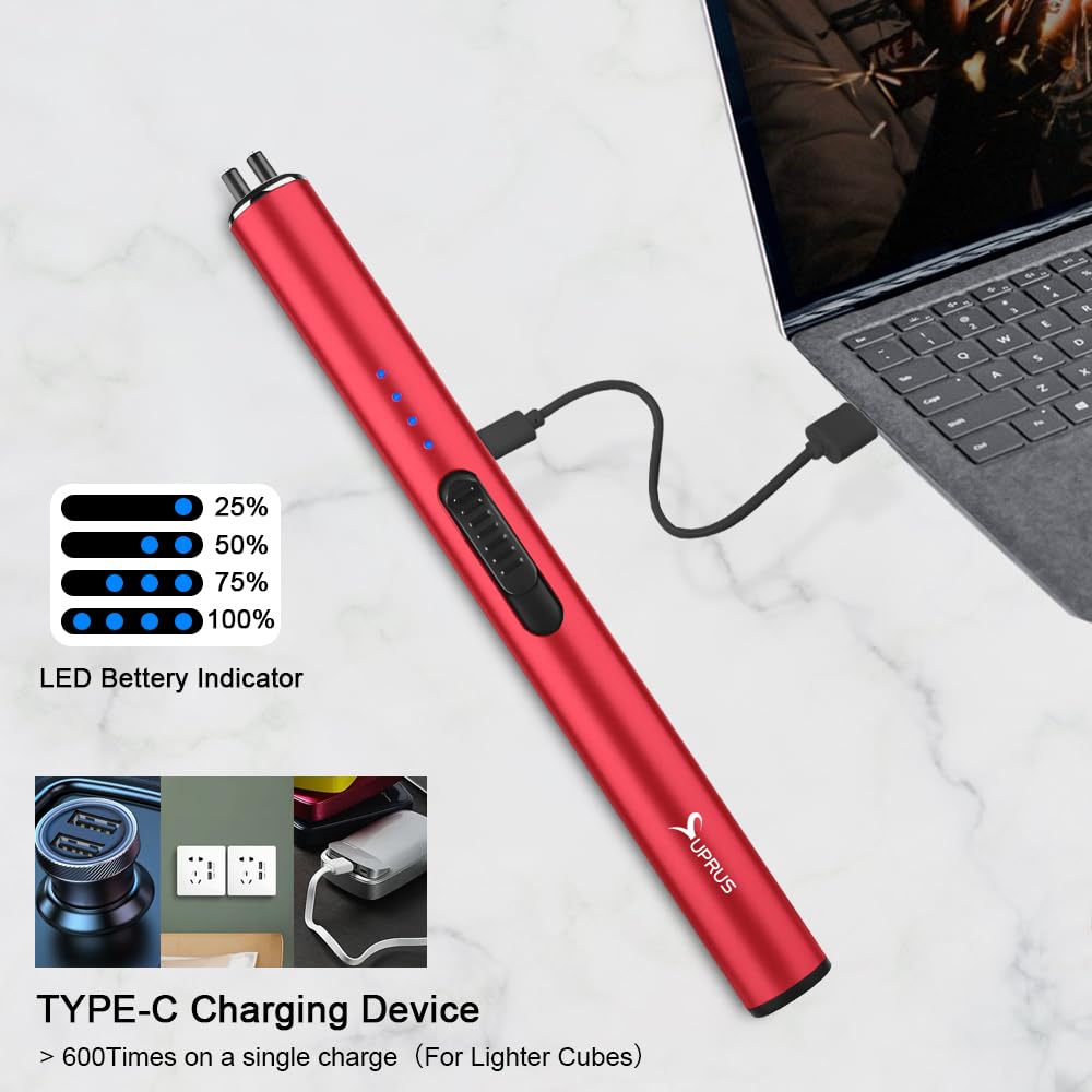 SUPRUS Electric Arc Windproof Flameless USB Rechargeable Lighter with Safety Lock for Candle (Red)