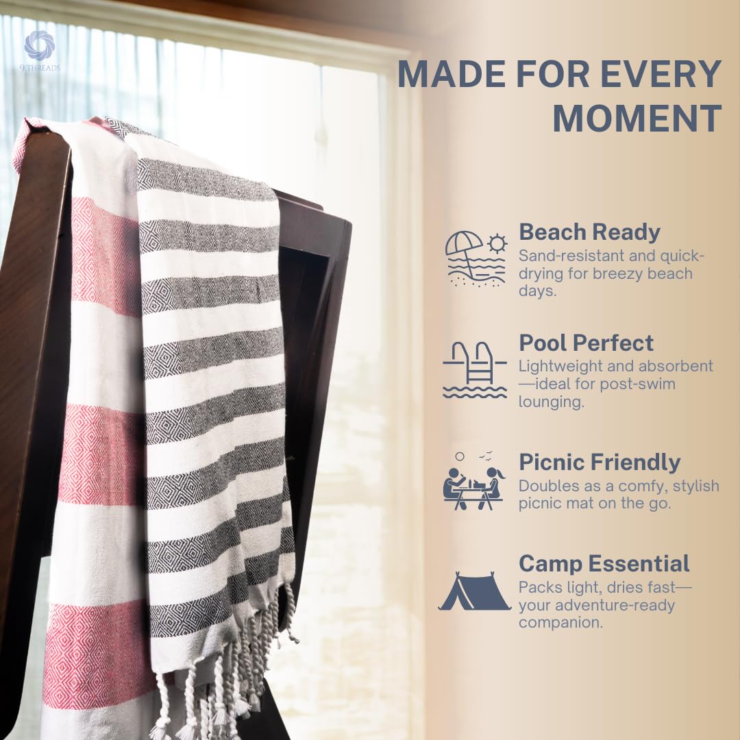 9Threads Cotton Turkish Beach Towel with Towels Oversized 36"x72" Pool Absorbent Extra Large Quick Dry Sand Travel Towel (Brick Noir, 4 Pack)