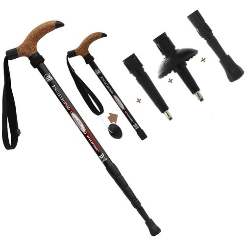 Aluminum Alloy Quick Lock Trekking Pole Anti-Shock Walking Stick Adjustable Cane Crutch for Mountains Trekking Hiking,Ultralight Collapsible with Cork Grips Tungsten Tips (Single Trekking Pole) Black
