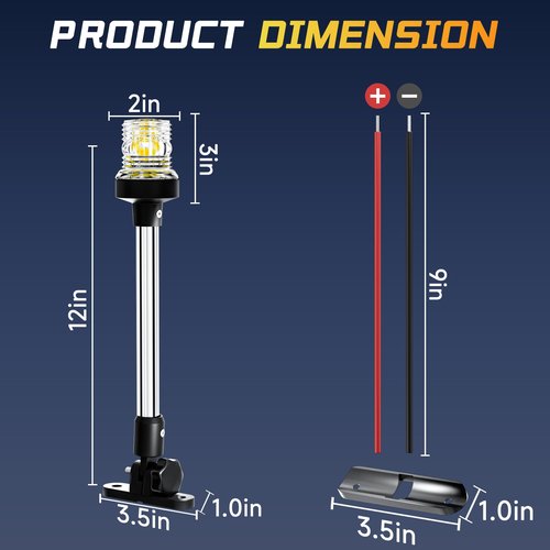 AMBIPASION 12 Inches Bimini Light for Pontoon Boat, Pontoon Navigation Lights Anchor Light Stern Lights for Bimini Top Mount Waterproof IP67, White Fold Down LED Marine Boat Rear Running Lighting