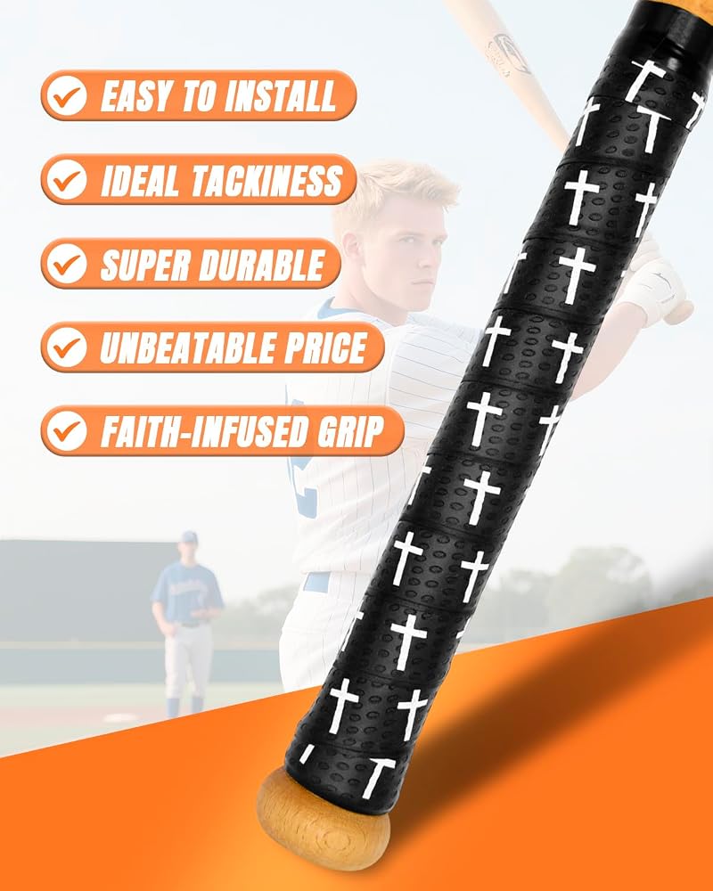 Baseball Bat Grip Tape with Cross Design – 1.5mm Precut, 43.31” x 1.18” Adhesive Wrist Tape (Black) - Faith-Inspired