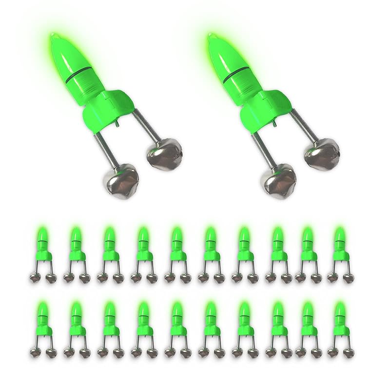 20Pcs LED Twin Bell Fishing Alarm Clip - Green Night Bite Alarms (Variation: 20Pcs Green)