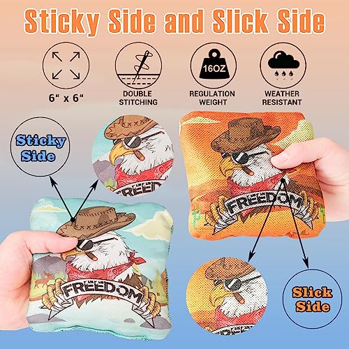 EunHo Cornhole Bags Set of 8 - Dual Sided Slick and Stick, Cow/Eagle Variation