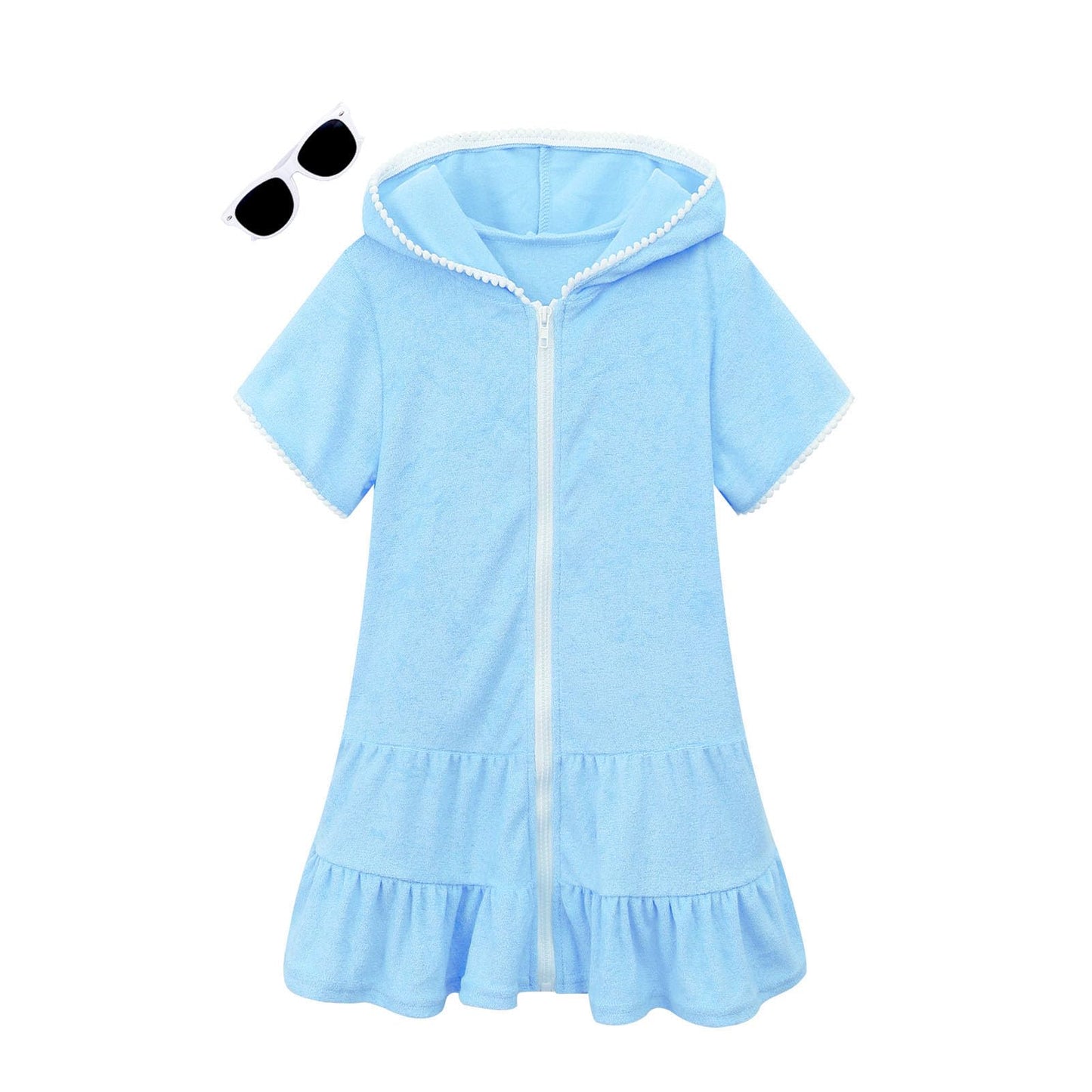 LUCKYGAL Girls Swimsuit Cover Up Zip-Up Swim Coverup Blue Terry Beach Bathing Suit, Size 8 9