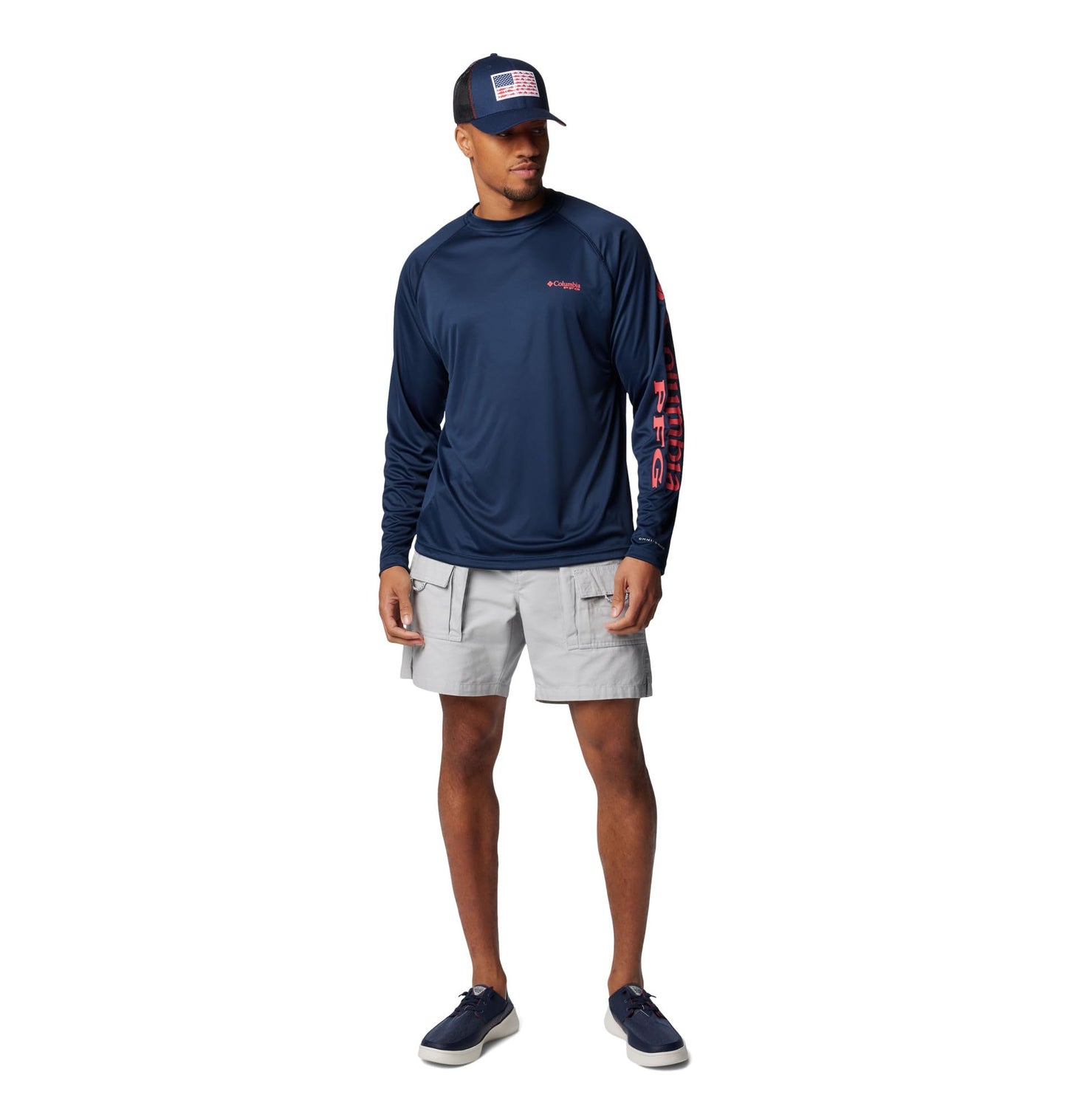 Columbia Men's PFG Terminal Tackle Long Sleeve Fishing Shirt, Collegiate Navy/Sunset Red Logo, 6X