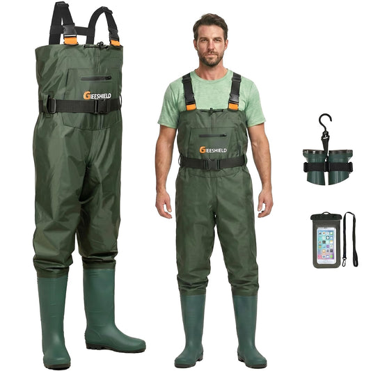 GIEESHIELD Waterproof Bootfoot Chest Waders for Men and Women, Lightweight 2-Ply Nylon/PVC Fishing & Hunting Waders with Boot Hanger - Green (Green, M6/W8)
