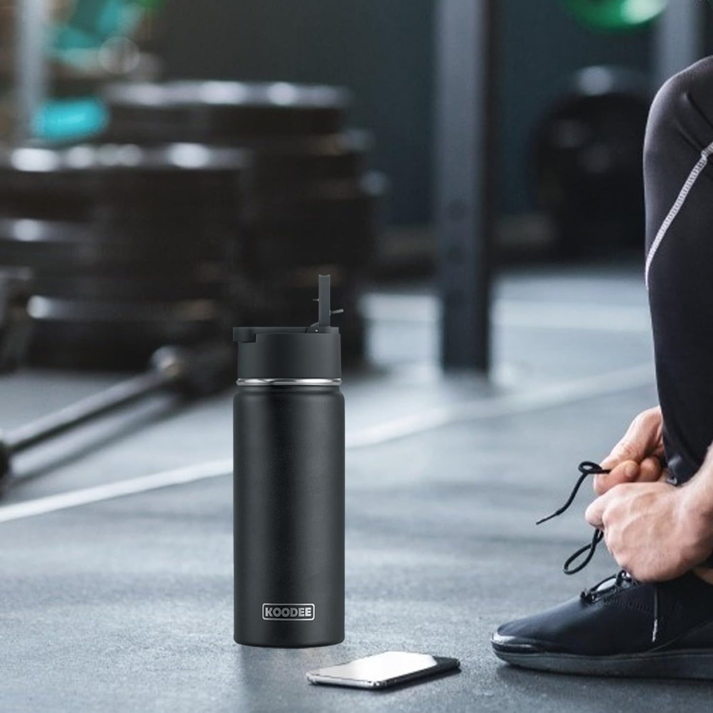 koodee Insulated Water Bottle, 18 oz Stainless Steel Vacuum Wide Mouth Sports Water Bottle with Leak Proof Straw Lid (Black)