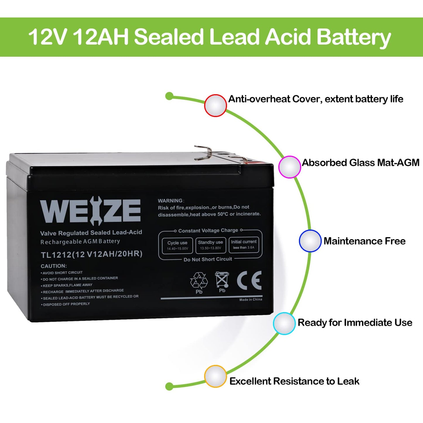 WEIZE 12 Volt 12 Ah Rechargeable Battery with F2 Terminals, Sealed Lead Acid (SLA) AGM Deep Cycle Battery Replaces BP12-12,GP12120,GS12V12AH,6-DW-12, 2 Pack
