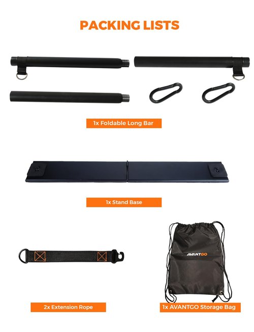 AVANTGO Portable Home Gym 4-Pack Set: Foldable Long Bar, Extension Rope, Stand Base, Storage Bag