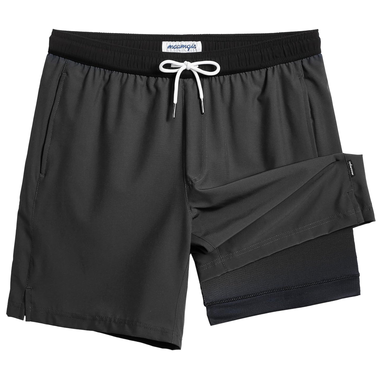maamgic Mens Swim Trunks with Compression Liner 7 Inch Inseam Mens Bathing Suit Quick Dry Swimming Trunks Swimsuit Dark Grey and Black X-Large