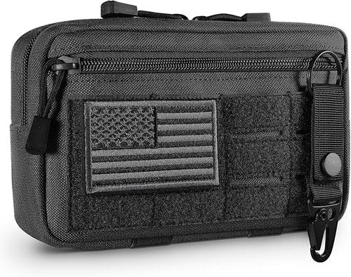 Tactical MOLLE Admin Pouch - Laser-Cut EDC Tool Bag, Horizontal Modular Organizer w/American Flag Patch & Keychain(Black)