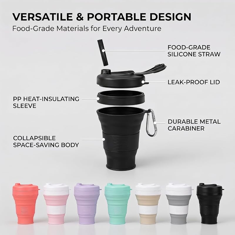 Collapsible 20oz Silicone Coffee Cup with Straw Lid – Black